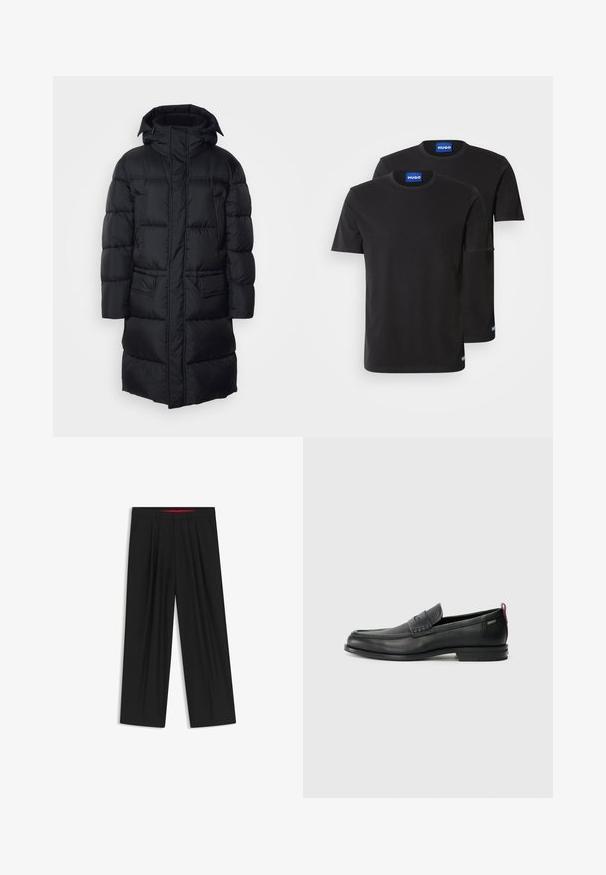 Svart puffjacka med huva, dragkedja och två främre fickor, med vaddering i kviltat mönster och en slät, lätt yta.; Två svarta bomullströjor med rund hals, korta ärmar och blå "HUGO"-etiketter på kragarna och sidorna.; Svarta vida byxor med slät front, två sidofickor, veckad design och en kontrasterande röd midjeresår.; Svarta läderloafers med en texturerad frontpanel och släta sidor. Utrustade med en smal klack och en bakre ögla för enkel påtagning. Klassisk design.
