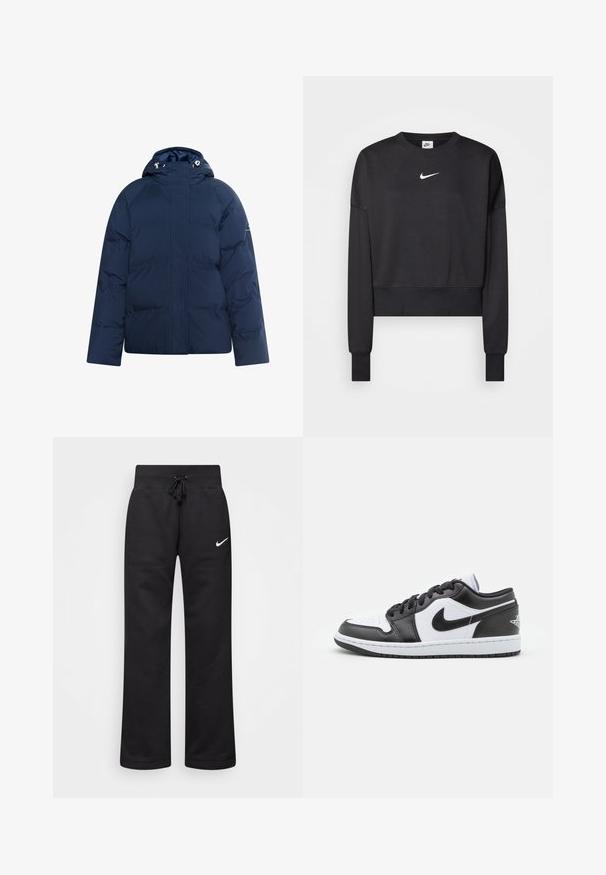 Mørkeblå dynejakke med hætte, der har en frontlynlås, elastiske manchetter og en glat, blank struktur.; Sort cropped sweatshirt lavet af en blanding af bomuld, med rund halsudskæring, lange ærmer og et hvidt Nike-logo på brystet.; Sorte sweatpants lavet af en bomuldsblanding, med en snøre i taljen, lige ben og et hvidt Nike-logo på venstre side.; Sorte og hvide Nike lavtoppede sneakers har en glat læderoverdel, rund tå, snørelukning og en mønstret gummisål.