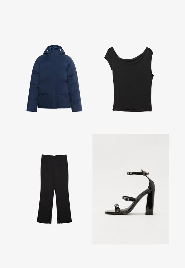 Mörkblå puffjacka med huva, med dragkedja framtill, elastiska ärmslut och en slät, glänsande yta.; Svart kortärmad topp i slät tyg; har en draperad halsringning och asymmetrisk nederkant, med en figursydd kropp.; Svarta byxor med rak passform, utrustade med framfickor och sidoklyvningar vid fållen. Tillverkade av mjukt, slätt tyg. Lämpliga för olika tillfällen.; Svarta lackerade klacksandaler med fyrkantig tå, ankelremmar och silverfärgade spännen. Har en kraftig blockklack för stabilitet.