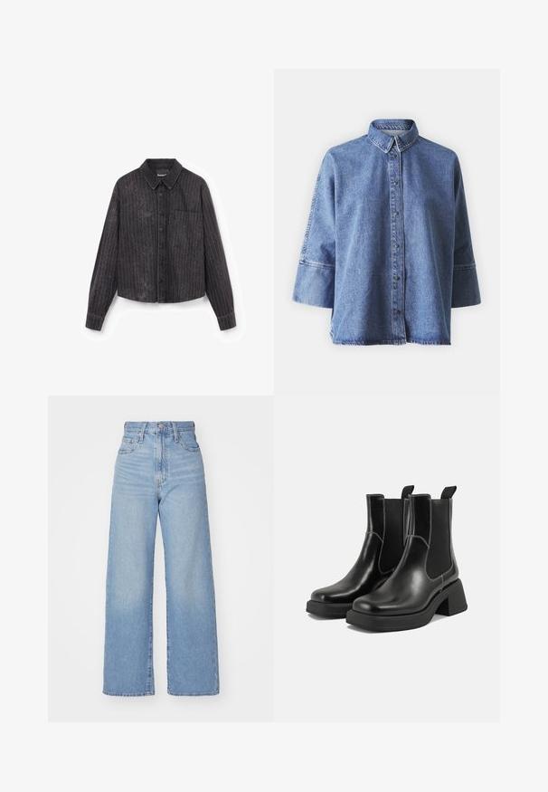 Camisa corta negra con rayas verticales, cierre de botones, un bolsillo en el pecho y una tela texturizada que presenta un brillo sutil.; Camisa de mezclilla en azul claro con mangas largas, collar puntiagudo, botones en la parte delantera y un ajuste relajado. Hecha de material de mezclilla suave.; Jeans de tiro alto y pernera ancha en azul claro, con cierre frontal de botón y cremallera, y bolsillos delantero y trasero, sobre un fondo blanco.; Botas Chelsea de cuero negro con tacón grueso, paneles laterales elásticos y costuras en blanco que contrastan. Acabado texturizado.
