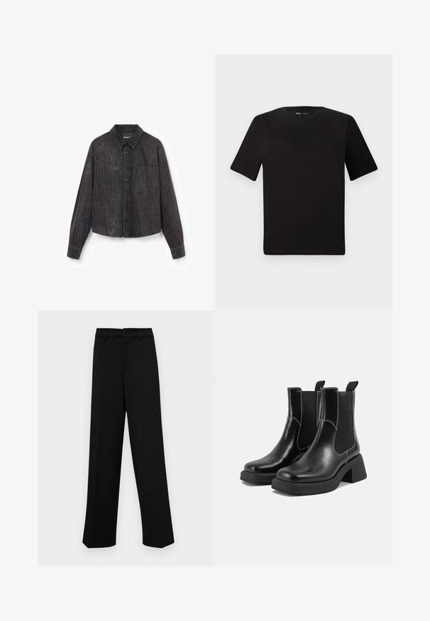 Melnā īsajā krekls ar vertikālām svītrām, pogu aizdari, vienu krūšu kabatu un teksturētu audumu ar smalku spīdumu.; Melnas īsām piedurknēm T-krekls ar apaļu kakla izgriezumu, izgatavots no mīksta kokvilnas auduma. Vienkāršs dizains, bez redzamām logo vai rakstiem.; Melnas platajās bikses, kas izgatavotas no gludas auduma, ar klasisku jostu un pogu aizdari, kā arī priekšējām kroku detalizācijām.; Melni ādas Čelsijas zābaki ar masīvu papēdi, elastīgām sānu panelēm un kontrastējošu balto šuvumu. Teksturēts apdare.