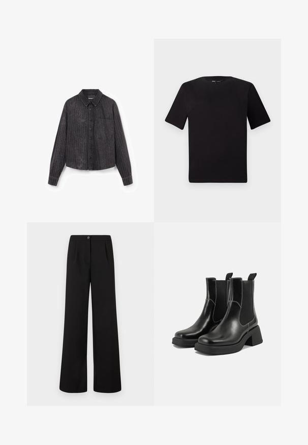 Black cropped shirt with vertical stripes, button closure, a single chest pocket, and a textured fabric featuring a subtle shimmer.; Black short-sleeve t-shirt with a round neckline, crafted from soft cotton fabric. Simple design, no visible logos or patterns.; Black high-waist wide-leg trousers with front button and zipper closure, featuring subtle pleats below the waistband.; Black leather Chelsea boots with a chunky heel, elastic side panels, and contrasting white stitching. Textured finish.