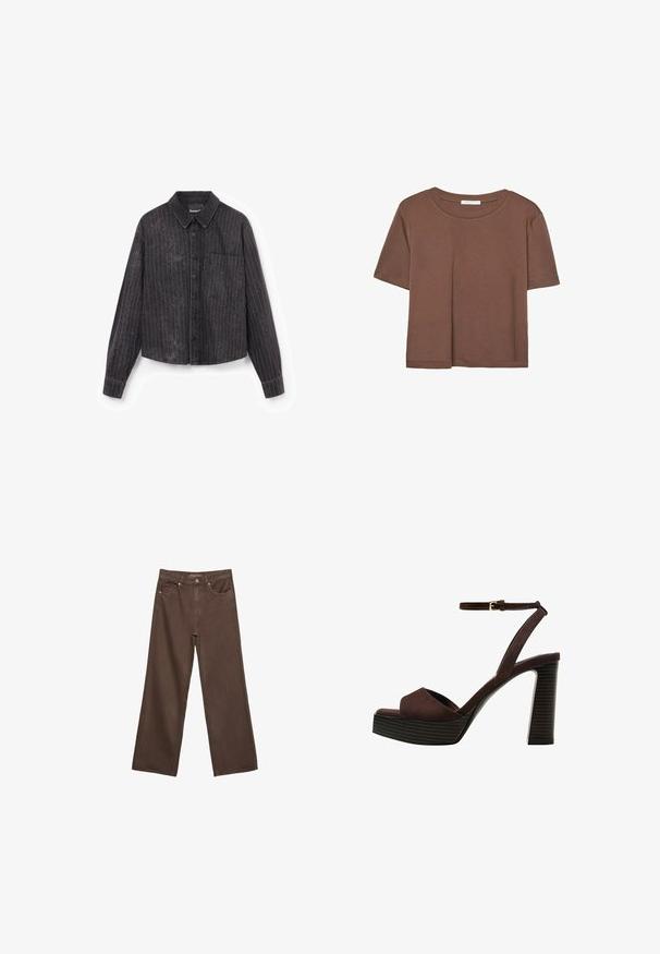 Črna skrajšana majica z vertikalnimi črtami, zapiranje na gumb, ena žep na prsih in teksturirana tkanina z diskretno sijajem.; Rjava kratka majica s kratkimi rokavi iz mehkega materiala, s krožnim izrezom in ohlapnim krojem. Brez vidnih vzorcev ali dodatkov.; Široke rjave kavbojke iz denima, ki imajo visok pas, sprednje žepe in klasično zapiranje na gumb. Gladka tekstura s subtilnim šivom.; Rjave semiš sandale z visoko peto, odprto spredaj, z nastavljivim gležnjenjem in črtastim podplatom.