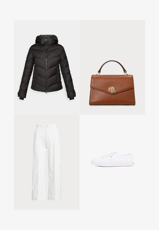 Fekete kapucnis pufferruha, steppelt mintázattal, cipzáras elöl és két oldalzsebbel. Texturált anyag, rugalmas mandzsettákkal.; Kék és fehér csíkozott, galléros ing, apró hímzett logóval a mellrészen és gombos mandzsettákkal. Puha anyagú textúra.; Fehér, bő szárú nadrág magas derekú szabással, gombos záródással és diszkrét varrási részletekkel. Pamutból készült, sima tapintással.; Fehér vászon sneaker arany fűzőlyukakkal, lapos fűzőkkel, textúrált gumitalppal és minimális márkázással az oldalon. Alacsony profilú kialakítás.; Barna bőrtáska struktúrált kialakítással, felülről fogható nyéllel, aranyszínű fémrészletekkel és logóval az elején. Simább textúrájú.