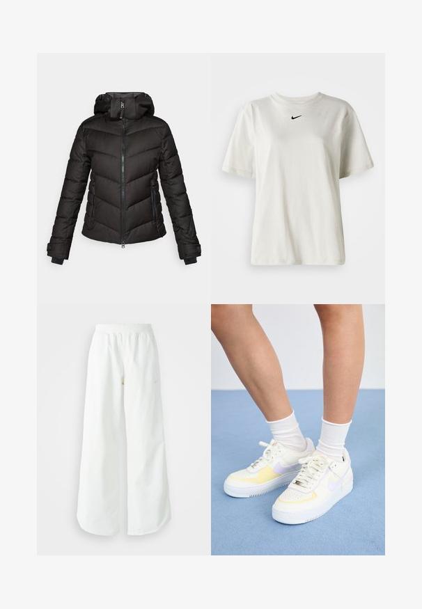 Črna puhovka z kapuco, z vzorcem prešite tkanine, z zadrgo spredaj in dvema stranskima žepoma. Teksturirana tkanina z elastičnimi manšetami.; Bela bomba iz bombaža z okroglim ovratnikom in kratkimi rokavi. Ima majhen črn Nike logotip na prsih. Preprost in neopazen dizajn.; Bela športna hlače širokega kroja z rebrastim pasom in diskretno logotipno podrobnostjo. Gladek material z sproščenim krojem in zoženim robom.; Bele usnjene superge z rumenimi in sivimi poudarki, okrogla noska, ravne vezalke in teksturiran gumen podplat. Nosi se z belimi nogavicami.