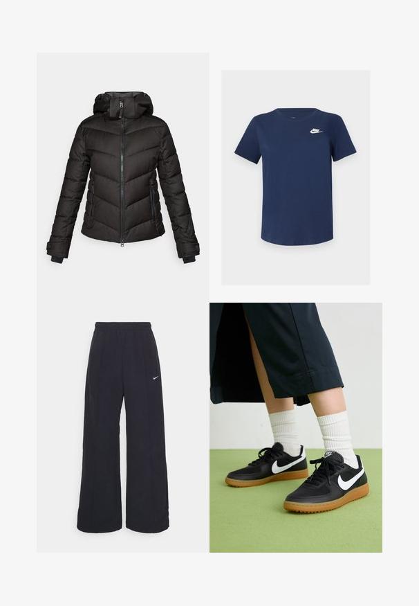 Černá nadýchaná bunda s kapucí, s prošívaným vzorem, zipem na přední straně a dvěma bočními kapsami. Texturovaná látka s elastickými manžetami.; Námořnická modrá bavlněná tričko s kulatým výstřihem, krátkými rukávy a bílým logem Nike na levé hrudi. Hladká textura, jednoduchý design.; Černé kalhoty s širokými nohavicemi, elastickým pasem a malým bílým logem Nike. Tkanina má hladkou strukturu, navrženou pro pohodlí a každodenní nošení.; Černé kožené a syntetické tenisky s bílým logem Nike, gumovou podrážkou, kulatou špičkou a černými tkaničkami. Viditelné žebrované bílé ponožky.