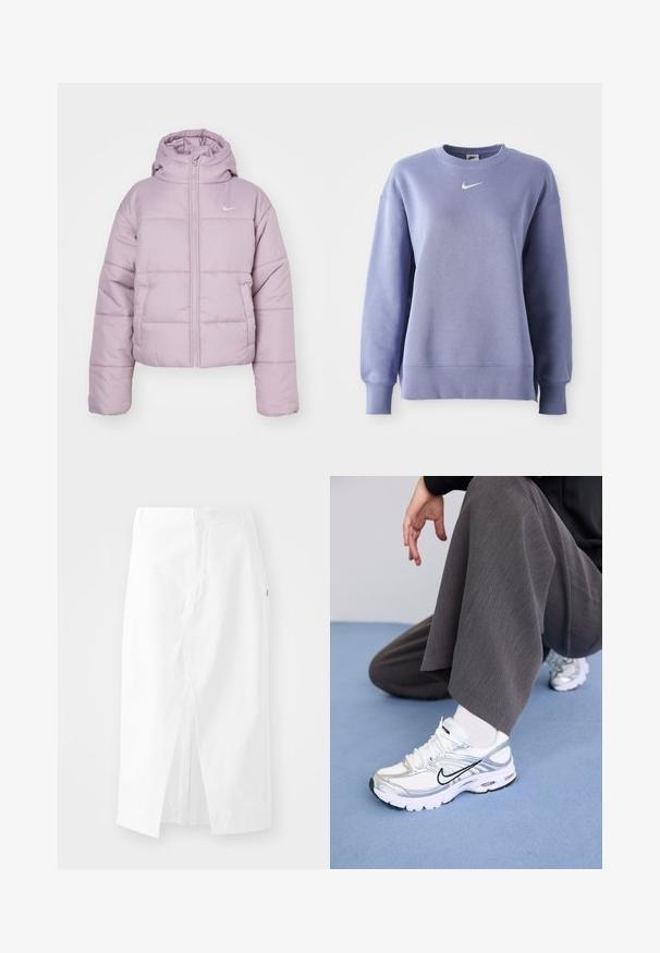 Ljuslila pufferjacka med huva, dragkedjestängning, elastiska muddar och präglad Nike-logotyp på bröstet. Slät, vadderad textur.; Ljuslila crew-neck sweatshirt i mjukt tyg; har ribbade ärmslut och nederkant samt en liten vit Nike-logotyp på bröstet.; Vit bomull midi kjol med rak skärning, sidslits och dold dragkedja. Slät textur, minimalistisk design utan synliga dekorationer.; Vita och silverfärgade sportskor med mesh- och syntetmaterial, med svarta accentlinjer, snörningar och texturerade sula.