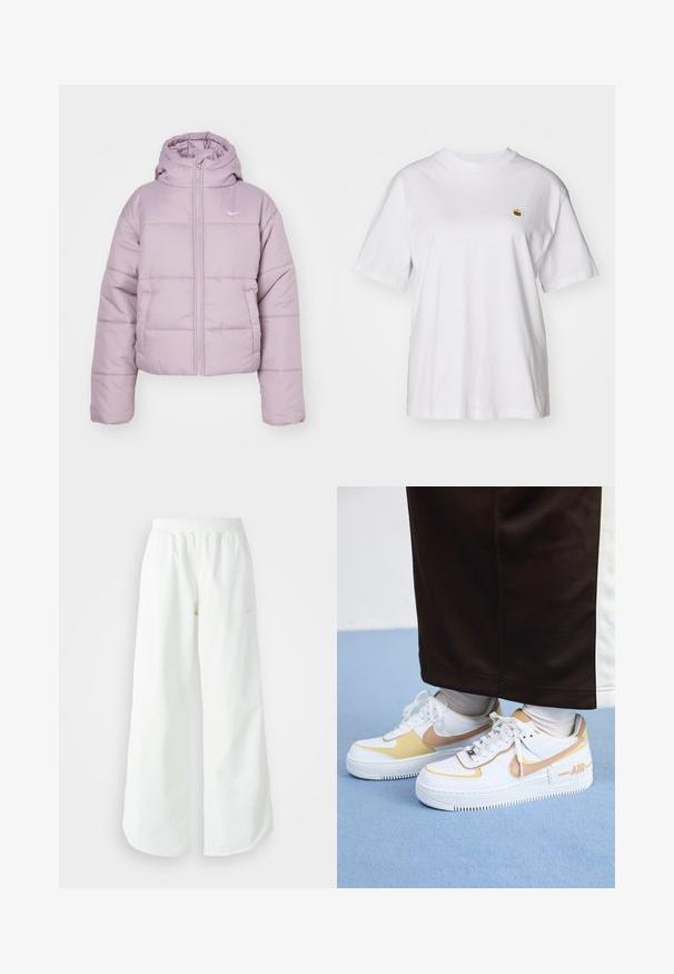 Casaco puffer lilás claro com capuz, fecho de zíper, punhos elásticos e logótipo da Nike em relevo no peito. Textura lisa e acolchoada.; T-shirt branca de algodão com um corte descontraído, mangas curtas e um pequeno logótipo bordado na área do peito esquerdo.; Calças atléticas largas brancas com uma cintura canelada e um discreto detalhe de logótipo. Tecido suave com um corte relaxado e terminações ajustadas.; Ténis brancos em pele com detalhes dourados, apresentando uma biqueira perfurada, atacadores planos e uma sola de borracha espessa com o logótipo "AIR" na lateral.