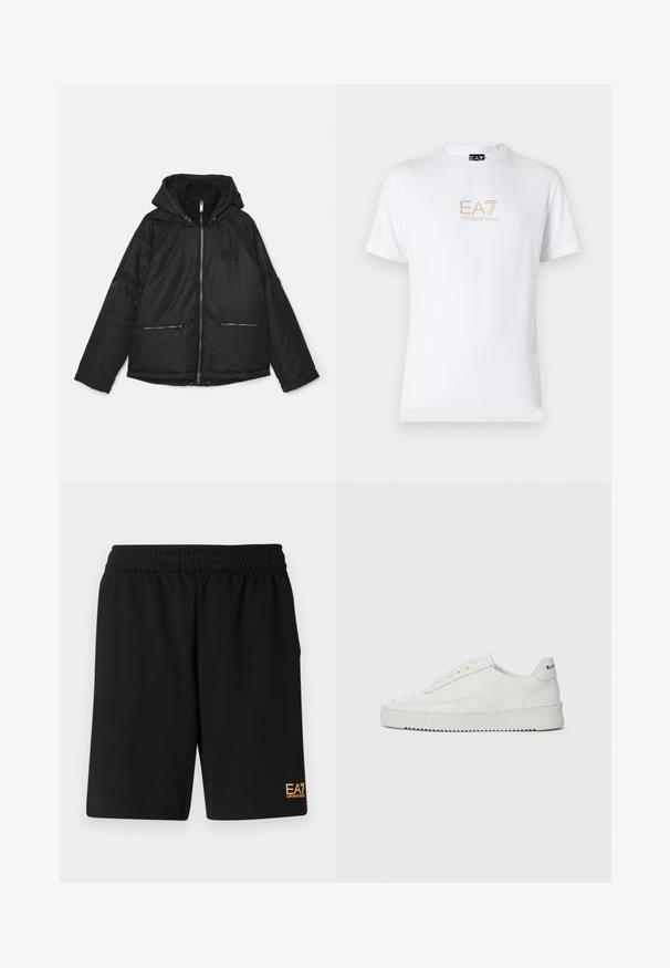 Czarna kurtka puchowa z kapturem, z zamykanymi na zamek kieszeniami, prążkowanym wewnętrznym kołnierzem i teksturowanymi panelami bocznymi. Zamek błyskawiczny z przodu i luźny krój.; Biała bawełniana koszulka z okrągłym dekoltem i krótkimi rękawami, z nadrukowanym z przodu złotym logo EA7 Emporio Armani.; Czarne sportowe szorty wykonane z miękkiego materiału, z elastycznym paskiem w talii oraz małym, żółtym logo EA7 na dolnej lewej nodze.; Białe skórzane sneakersy o gładkim wykończeniu, okrągłym nosku, płaskich sznurówkach i teksturowanej podeszwie. Charakteryzują się delikatnym logo na pięcie.