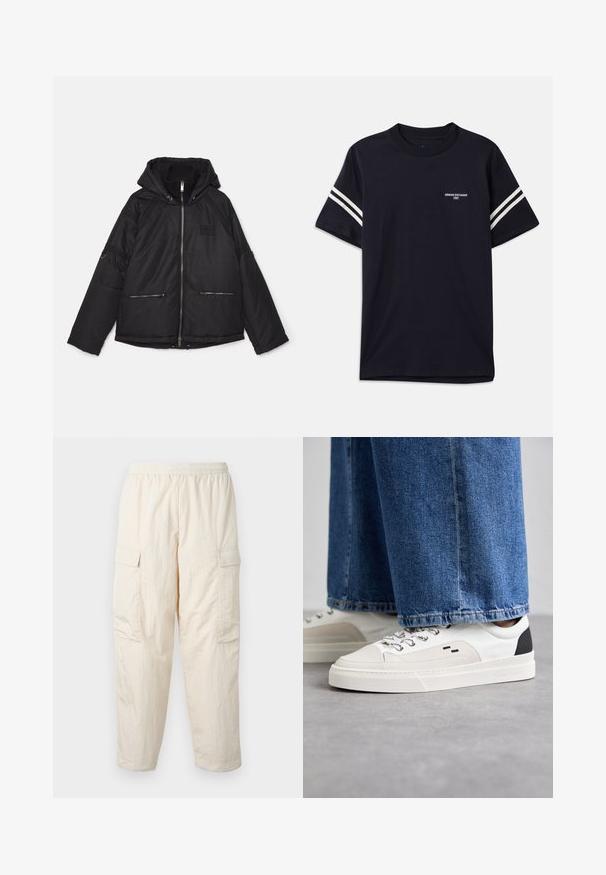 Černá péřovka s kapucí, obsahující zipové kapsy, vroubkovaný vnitřní límec a texturované boční panely. Zapínání na přední zip a uvolněný střih.; Námořnická modrá tričko vyrobené z bavlny, s kulatým výstřihem, krátkými rukávy a bílými pruhy na ramenou, s potiskem loga na hrudi.; Béžové cargo kalhoty s elastickým pasem, obsahující dvě boční kapsy a měkkou, lehkou látku. Zmačkaná textura.; Bílé a černé tenisky s hladkým koženým svrškem, texturovanými akcenty a robustní bílou podešví. Mají klasický design se šněrováním.