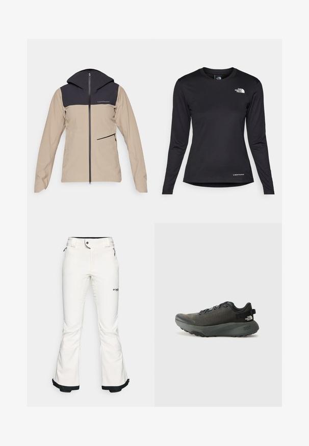 Peak Performance COMMUTER HIPE - Regenjacke / wasserabweisende Jacke - avid beige/black; The North Face SHADOW LONG SLEEVE - Langarmshirt - black; Weiße Skihosen aus weichem, flexiblem Material. Mit einer taillierten Taille, weiten, ausgestellten Beinen und schwarzem Abschluss an den Säumen. Markenlogo sichtbar.; Dunkelgrauer Sportschuh mit einem strukturierten Obermaterial aus Stoff, flachen Schnürsenkeln, verstärkter Zehenkappe und dicker, robuster Sohle für besseren Grip. 300 ist auf der Ferse geprägt.