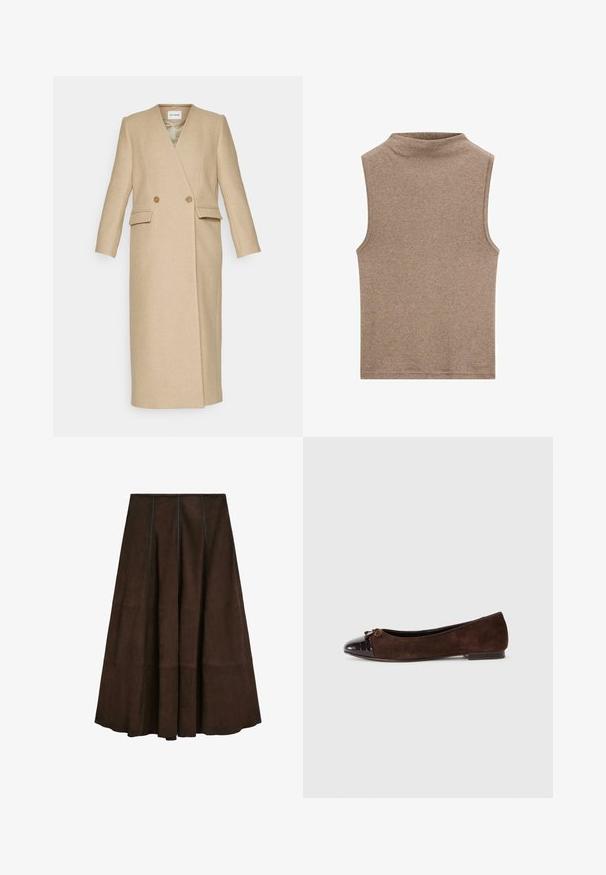Cappotto in misto lana beige con doppio petto, colletto a punta, due tasche laterali e maniche lunghe. Tessuto liscio e vestibilità su misura.; Top marrone senza maniche con collo alto, realizzato in un tessuto morbido, caratterizzato da una texture liscia e un design semplice senza ulteriori motivi o dettagli.; Gonna midi in suede marrone con un design svasato e dettagli in cucitura verticale, caratterizzata da una texture liscia e un orlo ampio.; Ballerine in suede marrone con punta in vernice lucida marrone scuro e un piccolo fiocco sul davanti. Tacco basso.