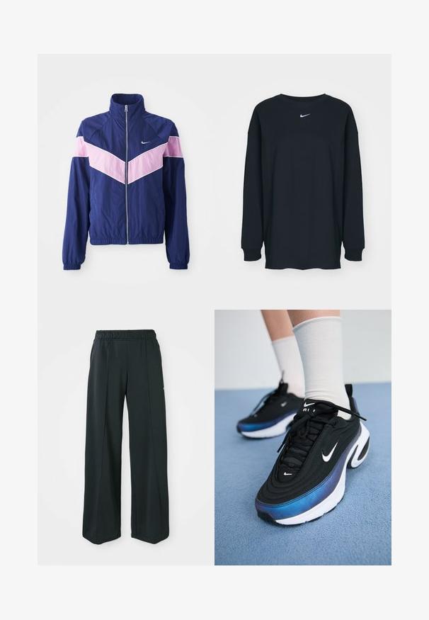 Granatowa kurtka przeciwwiatrowa z różowymi paskami w kształcie chevronu, z zamkiem z przodu, stójką i elastycznymi mankietami. Lekki, gładki materiał. Logo Nike na klatce piersiowej.; Czarna, długosleeve'owa koszulka z bawełny z okrągłym dekoltem. Posiada białe logo Nike na piersi. Miękka faktura, prosty design.; Czarne, szerokie spodnie sportowe z elastycznym pasem. Wykonane z gładkiego, rozciągliwego materiału, z delikatnymi szwami z przodu i bez kieszeni.; Czarne sneakersy Nike z gładką tkaniną wierzchnią, wyróżniające się gradientowym wzorem od niebieskiego do czarnego, białą podeszwą i wyraźnymi logo.