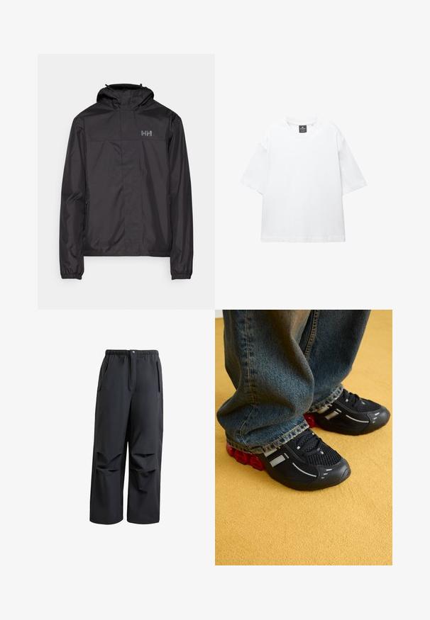 Helly Hansen VANCOUVER FLEECE LINED JACKET - Nepropusna jakna - black; Bijela majica kratkih rukava od pamuka, s okruglim izrezom i opuštenim krojem sa ravnim rubom. Bez uzoraka ili ukrasa.; Crne, slobodne hlače napravljene od mekanog materijala. Imaju elastičnu struk i zatvaranje na dugme, te dvije bočne džepove s plisiranim detaljima.; Crne atletske cipele s mrežastim gornjim dijelom, sjajnim detaljima i crvenim jastučićima na potplatu, u kombinaciji s plavim trapericama.