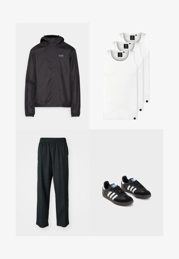 Helly Hansen VANCOUVER FLEECE LINED JACKET - Giacca hard shell - black; Tre canotte bianche a coste in cotone. Presentano un colletto rotondo e piccole etichette nere vicino all'orlo. Disponibile in diverse taglie.; Pantaloni sportivi neri con vita elastica, realizzati in tessuto liscio, con cuciture laterali sottili e un fit rilassato, design a gamba dritta.; Sneakers neri con tomaia in suede e materiale sintetico, caratterizzati da tre strisce bianche, suola in gomma testurizzata e etichetta blu sul linguetta.