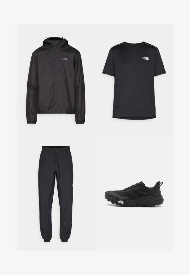 Helly Hansen VANCOUVER FLEECE LINED JACKET - Giacca hard shell - black; T-shirt nero a maniche corte realizzata in tessuto leggero. Presenta un piccolo logo bianco sul lato sinistro del petto e delicati dettagli sulle spalle.; Pantaloni sportivi neri realizzati in tessuto leggero, con vita regolabile con cordino, tasche laterali e orli affusolati alle caviglie.; Scarpa da trail running nera con tomaia texture, suola in gomma e punta rinforzata. Presenta un collare imbottito e un tassello per un indossamento facile.