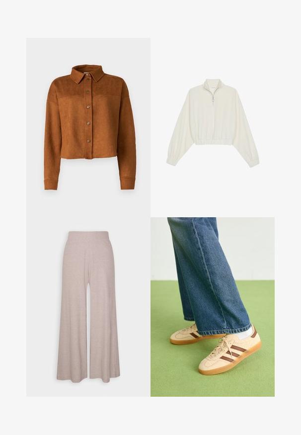 Zkrácená hnědá koženka z mikrovlákna s límcem, zapínáním na knoflíky a dlouhými rukávy. Uvnitř se nacházejí matné kovové patentky na přední části.; Zkrácený svetr z krémové látky, který má vysoký límec, poloviční zip, elastický spodní lem a manžety, hladkou texturu a minimalistický design.; Světle šedé široké kalhoty vyrobené z měkké jemně žebrované látky, s vysokým pasem a dlouhými nohavicemi s jemnou texturou.; Beige tenisky s texturovanými krémovými panely a hnědými pruhy, kombinované s modrými džínovými kalhotami. Džínsy mají široké nohavice a roztrhaný lem.