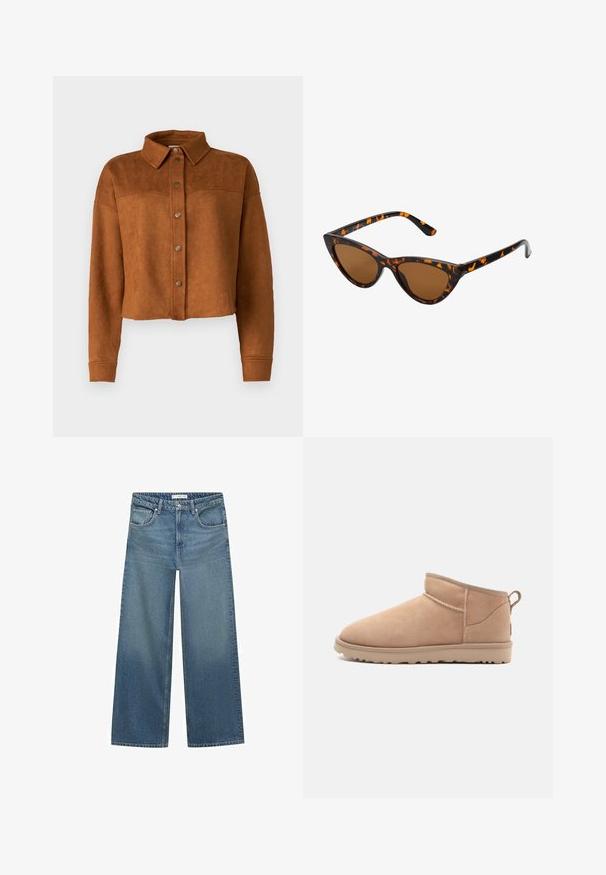Veste chemise en faux suède brun, raccourcie, avec un col, une fermeture à boutons et des manches longues. Présente des pressions en métal mat à l'avant.; Pull en maille marron avec un col rond, des épaules basses et des poignets côtelés. Texture douce, design court et coupe ample.; Jean large bleu clair en denim, avec une taille mi-haute, deux poches avant et des détails de couture classiques.; Botte de cheville en daim beige avec un bout arrondi, une texture douce, un design simple et une semelle en caoutchouc à profil bas. Dispose d'une languette à l'arrière.; Lunettes de soleil style œil de chat avec une monture en écaille de tortue noire et orange, verres marron et pointes effilées et élégantes. Présente un logo minimaliste sur la branche.; Sac à main en cuir suédé marron foncé avec une forme structurée, doté de deux poignées supérieures et d'une bandoulière détachable avec une boucle en ton doré.