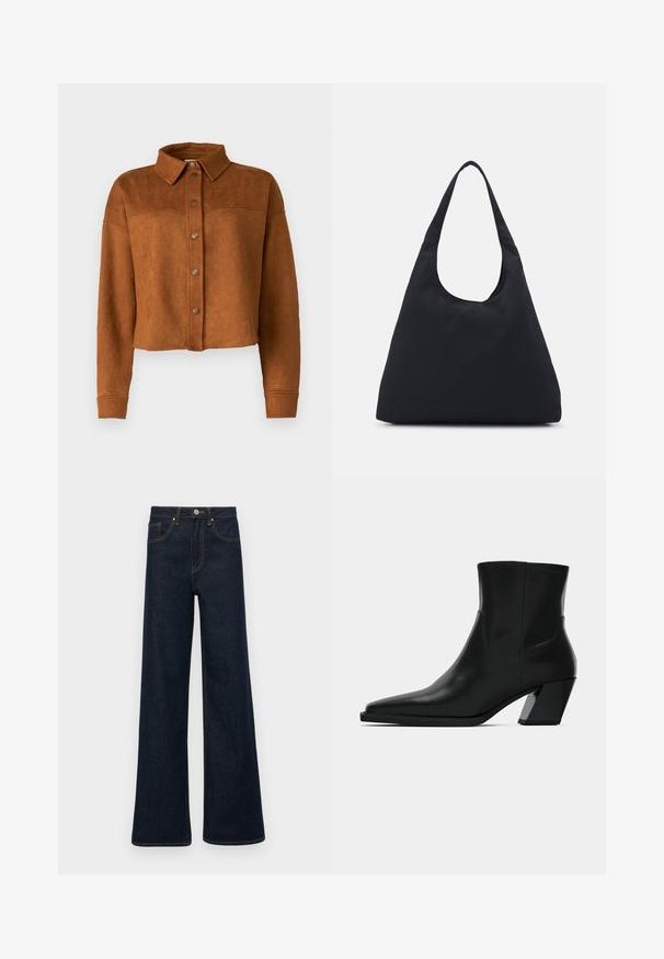 Gekürzte braune Kunstsuede-Hemdjacke mit Kragen, Knopfverschluss und langen Ärmeln. Verfügt über matte Metalldruckknöpfe auf der Vorderseite.; Weißer, kabelgezopfter Rollkragenpullover mit kurzem Schnitt, der gerippte Bündchen und Saum aufweist. Weiche Textur mit einem gemütlichen, dicken Design.; Dunkelblaue weit geschnittene Jeans aus Denim mit Fronttaschen, Gürtelschlaufen und Knopfverschluss.; Schwarze Leder-Stiefelette mit spitzem Zeh, schlanker Silhouette und klobigem quadratischem Absatz. Glatte Textur mit minimalen Nähdetails.; Schwarze Stofftasche mit einem einzelnen, breiten Schulterriemen. Weiche, semi-strukturierte Form und glatte Textur; minimales Design, ohne sichtbare Beschläge.