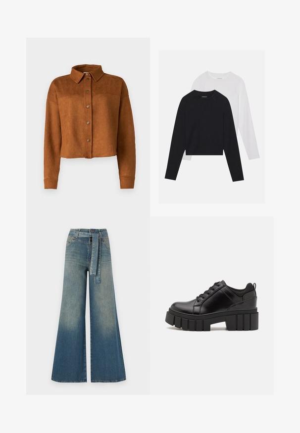 Rövidített barna műsuede ingdzseki, gallérral, gombos záródással és hosszú ujjakkal. Az elején matt fémbotokat találunk.; Két hosszúujjú póló: az egyik fekete, a másik fehér. Mindkettő kerek nyakú, raglán ujjal és puha pamutkeverék anyaggal készült.; Bőszárú farmernadrág, világos és sötétkék árnyalatokkal, magas derekú, övgyűrűkkel és a nadrággal megegyező anyagú övvel. Textúrált farmer kivitel.; Fekete bőr platform cipők vaskos blokk sarkakkal, kerek orral és hagyományos fűzős kialakítással. Simára csiszolt felület és minimális részletezés jellemzi.