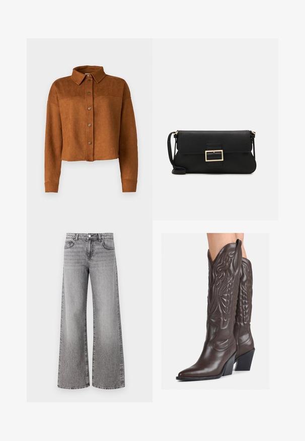 Veste chemise en faux suède brun, raccourcie, avec un col, une fermeture à boutons et des manches longues. Présente des pressions en métal mat à l'avant.; Débardeur blanc sans manches en tissu côtelé, doté d'un col rond et d'une silhouette ajustée, avec des coutures minimales et sans ornements.; Jean large en denim gris avec une finition délavée. Comprend des poches classiques et un bouton de fermeture à la taille.; Bottes de cowboy en cuir marron avec un bout pointu et un talon bloc, présentant des coutures détaillées et des accents en relief sur la tige.; Pochette en cuir noir avec un rabat et un détail en boucle en métal doré. Inclut une sangle noire et un design épuré et minimaliste.; Boucles d'oreilles en argent en forme de créoles avec un design torsadé, dotées d'une finition polie et d'une fermeture à poussoir. Mesurent environ 3 cm de diamètre.