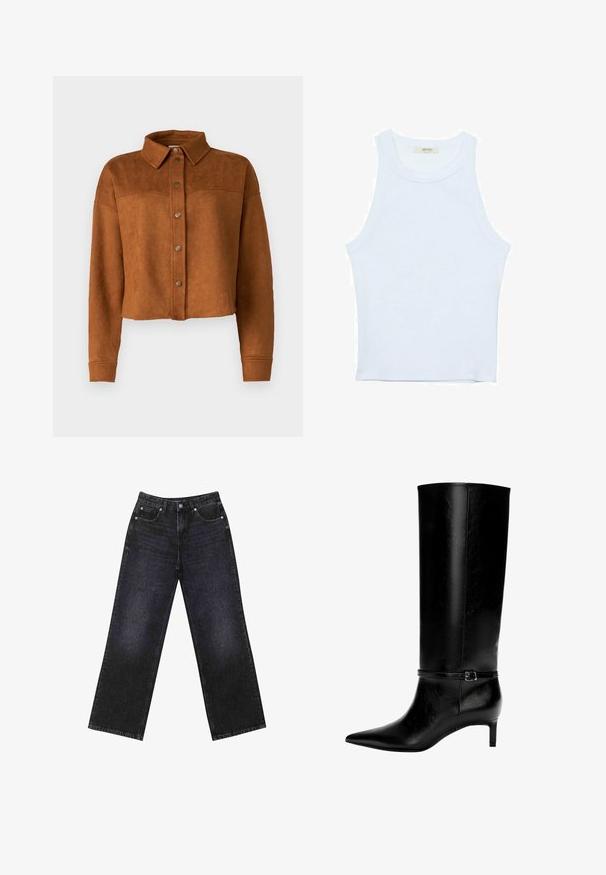 Cropped brown faux suede shirt jacket with a collar, button closure, and long sleeves. Features matte metal snaps on the front.; White tank top, ribbed texture, round neckline, sleeveless design, fitted shape, subtle branding on the label inside the collar area.; High-waisted black denim jeans with a wide-leg cut, five-pocket design, and visible stitching. Fabric has a smooth, slightly textured finish.; Black leather knee-high boot with pointed toe and a small heel. Features a narrow strap with a metallic buckle around the ankle. Smooth texture.