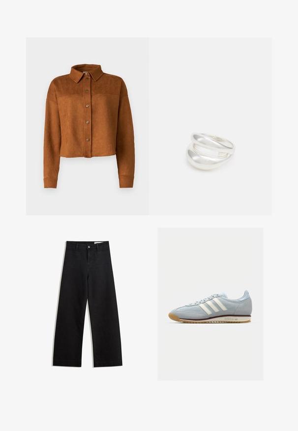 Skratená hnedá koženka z imitácie semišu s golierom, zapínaním na gombíky a dlhými rukávmi. Má matné kovové cvoky vpredu.; Svetlo šedé bavlnené tričko s veľkým grafickým motívom žltej citrónu a zeleným textom "BITTER SWEET" so zeleným lístkom. ; Čierne denimové nohavice s širokými nohavicami a vysokým pásom, so prednými a zadnými vreckami, šitými švami a zapínaním na gombík. Hladká textúra.; Svetlomodré semišové tenisky s bielymi tromi pruhmi, gumovou podrážkou a textúrovanou sieťovinou. Majú hladký špic a branding na päte.; Strieborný prsteň s dvojitým pásikom s hladkým, lesklým povrchom. Má plynulý, zakrivený dizajn s prekryvajúcimi sa časťami pre moderný vzhľad.