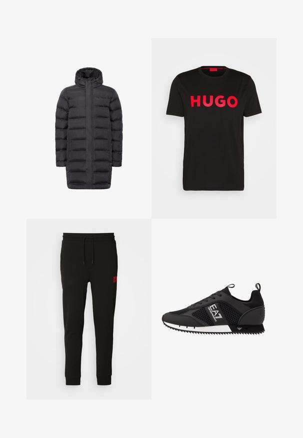Črna podložena bunda z visokim ovratnikom, sprednjim zadrgo in dvema stranskima žepoma. Ima ravno silhueto in prešito teksturo. Lahka material.; Črna bombažna majica s poudarjenim rdečim napisom "HUGO" spredaj, kratkimi rokavi, okroglo ovratnikom in sproščenim krojem.; Črne trenirke iz mehkega blaga, z vrvico v pasu, ozkega kroja in rdečim logotipom na levem stegnu.; EA7 Emporio Armani Športni copati - black/white