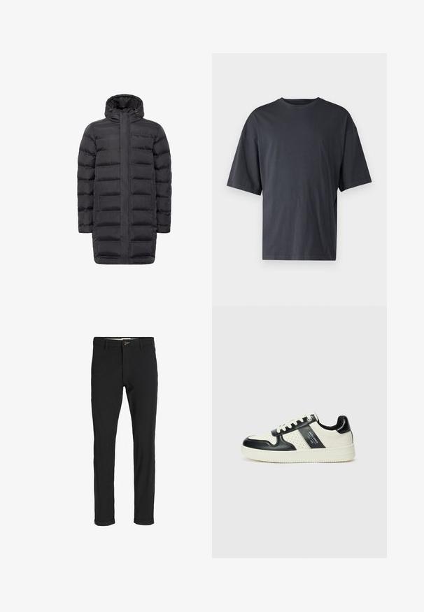 Schwarzer gepolsterter Mantel mit hohem Kragen, frontalem Reißverschluss und zwei seitlichen Taschen. Hat eine gerade Silhouette und gesteppte Textur. Leichtes Material.; Dunkelgraues Kurzarm-T-Shirt aus leichtem Baumwollmaterial, mit lockerer Passform und klassischem Rundhalsausschnitt, in einfarbigem Design ohne Muster.; Schwarze Baumwollmischungshose mit schmalem Schnitt, gekennzeichnet durch einen Knopfverschluss, Taschen und umgeschlagenen Säumen für einen lässigen Abschluss.; Leder-Sneaker in Schwarz- und Cremetönen, mit perforierten Akzenten, einem gepolsterten Kragen und einer strukturierten Laufsohle.