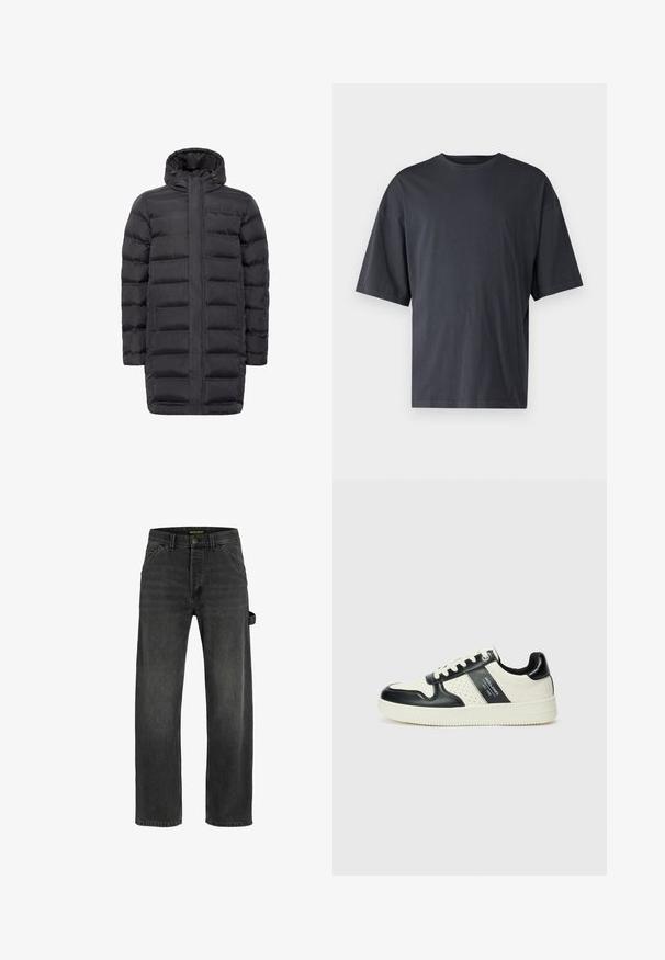 Black padded coat with a high collar, front zipper, and two side pockets. Features a straight silhouette and quilted texture. Lightweight material.; Dark gray short-sleeve t-shirt made of lightweight cotton, featuring a loose fit and classic crew neckline, with plain texture and no patterns.; Dark gray denim jeans with a straight cut, five pockets, a metal button closure, and a side strap detail.; Leather sneakers with a black and cream color scheme, featuring perforated accents, a padded collar, and a textured outsole.