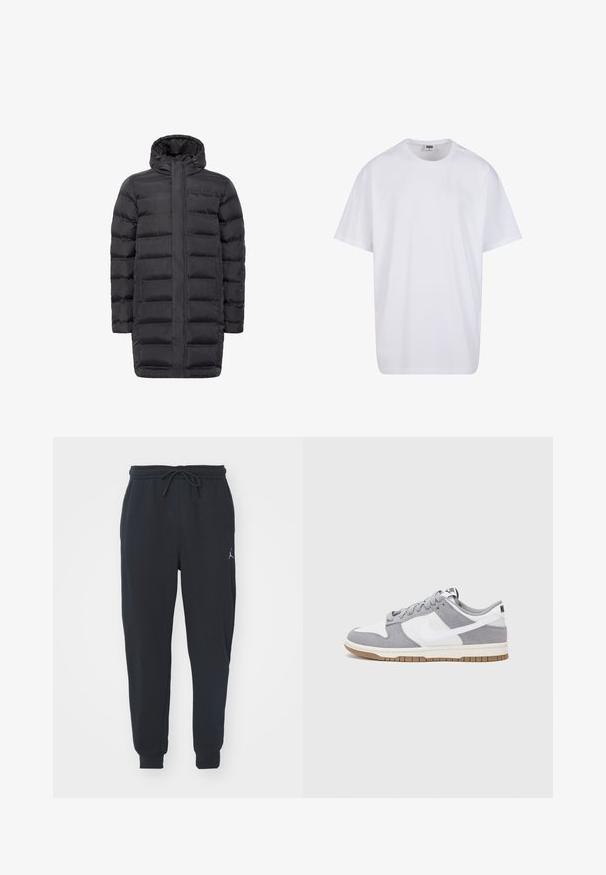 Czarny pikowany płaszcz z wysokim kołnierzem, zamkiem z przodu i dwiema bocznymi kieszeniami. Charakteryzuje się prostym krojem i pikowaną teksturą. Lekki materiał.; Biała bawełniana koszulka z krótkimi rękawami, okrągłym dekoltem, luźnym krojem i bez widocznych logo lub wzorów. Gładka tekstura i minimalistyczny design.; Czarne dresowe spodnie wykonane z miękkiego materiału, z elastycznym paskiem w talii ze sznurkiem, ściągaczami na nogawkach oraz małym logo na lewej udzie.; Szare i białe trampki z zamszową i skórzaną cholewą, okrągłym noskiem, płaskimi sznurówkami i gumową podeszwą z akcentem w kolorze gumy.