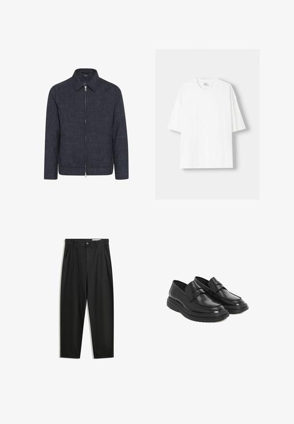 Mörkblå zip-jacka med krage, tillverkad av texturerad tyg. Har en rak skärning och elastisk nederkant för en figurnära look.; Vit t-shirt med kort ärm, tillverkad av bomull, med rund halsringning och en avslappnad passform. Slät yta utan synliga mönster eller detaljer.; Svarta bomullsshorts med avslappnad passform, med en klassisk midja, framveck och sidfickor. Slät textur utan mönster.; Svarta läderloafers med rund tå, sydda detaljer och en platt gummisula. Har ett dekorativt rem över framfoten.