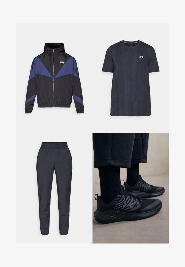 Svart och mörkblå zip-up vindjacka med huva, elastiska manschetter och en vit tandlogotyp på bröstet, liggande platt på en vit bakgrund.; Mörkblå kortärmad t-shirt gjord av andningsbart tyg, med ett texturerat mönster och en vit Under Armour-logotyp på bröstet.; Marina tapered byxor i mjukt tyg, med elastisk midja, sidofickor och en slät yta med subtila sömnadsdetaljer.; Person som bär svarta träningsskor med texturerade sidor och logotyp, ihopparat med svarta strumpor och korta byxor på ett ljust golv.