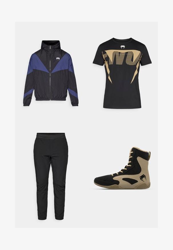Svart og mørkeblå vindjakke med glidelås og hette, elastiske mansjetter, og en hvit fang-logo på brystet, lagt flatt på en hvit bakgrunn.; Svart bomulls-T-skjorte med stort, dristig gyllent grafisk design med striper og en kobra-logo på brystet. Klassisk rund hals.; Svarte stretchy bukser med en tettsittende design, elastisk midje og glidelåslommer. Jevn tekstur med en svakt skinnende overflate.; Høye idrettssko med svart nettverksutside og beige detaljer. Teksturert gummisåle og logo på siden.