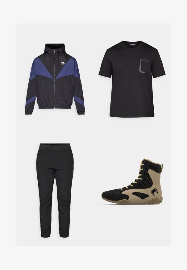 Schwarze und dunkelblaue Windjacke mit Reißverschluss und Kapuze, elastischen Bündchen und einem weißen Fang-Logo auf der Brust, flach auf einem weißen Hintergrund ausgelegt.; Schwarzes T-Shirt mit kurzen Ärmeln aus Baumwolle und einer subtilen Textur. Verfügt über eine vordere Tasche mit rechteckigem Design und Logodetail.; Schwarze Leggings mit taillierter Passform, elastischem Bund und Reißverschlusstaschen. Glatte Textur mit einem leicht glänzenden Finish.; Hochschuh mit schwarzem Mesh-Obermaterial und beigen Akzenten. Strukturiertem Gummisohle und Logodetail an der Seite.