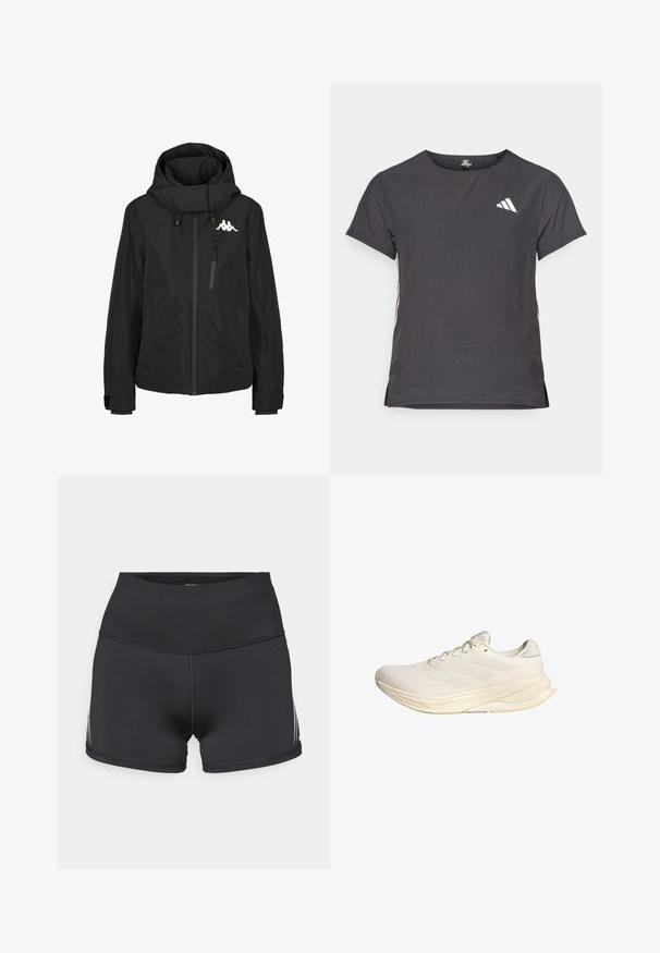 Juodas vandeniui atsparus švarkas su aukštu apykakle, užtrauktuku užsegama krūtinės kišenė, elastingi rankogaliai ir logotipas kairiajame petyje. Lygi tekstūra.; Trumpas rankovėmis sportinis marškinėlis, tamsiai pilkas, su perforuota tekstūra. Yra baltas logotipas ir kontrastingos šoninės juostos. Iškirptė suapvalinta.; Juodos sportinės trumpės su aukštu liemeniu, pagamintos iš tamprios medžiagos. Yra baltos šoninės juostos ir plokščios siūlės, užtikrinančios komfortą.; Šviesiai smėlio spalvos sportiniai batai su tinklelio viršumi, plokščiomis raištelėmis ir paminkštintu padu. Šoninė pusė puošia trijų juostų dizainas.