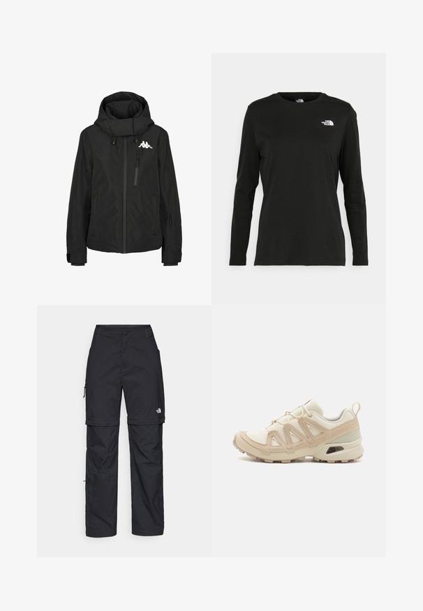 Crna vodootporna jakna s visokim ovratnikom, zip-kasetnim džepom na prsima, elastičnim manžetama i logotipom na lijevom ramenu. Glatka tekstura.; Crni dugih rukava majica od pamuka s okruglim izrezom. Ima mali bijeli logo na lijevoj strani prsnog područja. Jednostavan dizajn i kroj.; Crne najlon hlače s munjevim zatvaranjem, odvojive cargo hlače s podesivim manžetama, brojnim džepovima i logom na desnoj nozi. Glatka, lagana tekstura.; Bež i kremasti sportski tenisice s teksturiranim mrežastim gornjim dijelom, potpornih preklopa i gumeni potplat s uzorcima za prianjanje.