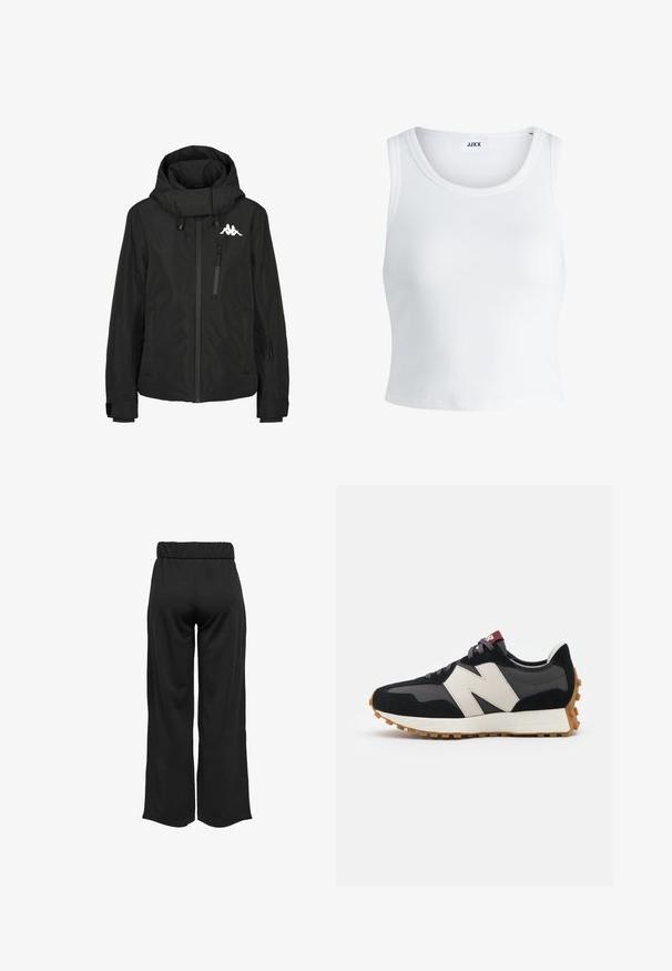 Mustat vedenpitävät takki, jossa on korkea kaulus, vetoketjullinen rintatasku, joustavat hihansuut ja logo vasemmassa hartiassa. Suuri tekstuuri.; Valkoinen ribbattu hihaton toppi, jossa on pyöreä pääntie ja lyhyt malli. Tunnuslukuna lukee "JJXX". Sujuva kangas.; Mustat, leveälahkeiset housut, joissa on joustava vyötärö, valmistettu sileästä kankaasta. Ominaisuuksia ovat puhdas muotoilu ilman taskuja tai näkyviä ompelusaumoja.; Mustat ja harmaat mokkakenkä, jossa on suuri kermanvärinen "N"-logo, violetit nauhat ja teksturoitu kumipohja.