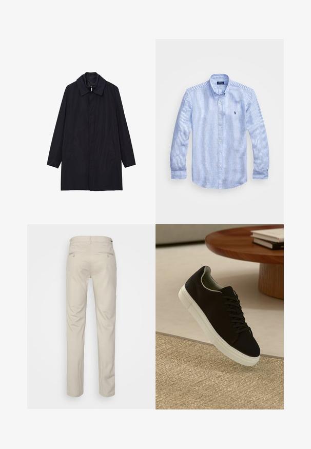 Marineblaue, leichte Parka mit langen Ärmeln, einem geschlitzten Kragen, Seitentaschen und einem Reißverschluss vorne. Glatte, matte Textur.; Blau-weißer gestreifter Langarmshirt aus Baumwolle mit einem Button-Down-Kragen, Frontknöpfen und einem kleinen gestickten Logo auf der Brust.; Beige Hosen mit glatter Textur, geradem Schnitt, zwei Gesäßtaschen mit Knöpfen und einem normalen Bund.; Schwarze Sneakers mit weißer Sohle, die über einem beige strukturierten Teppich schweben, in der Nähe eines runden Holztisches mit gestapelten Büchern.