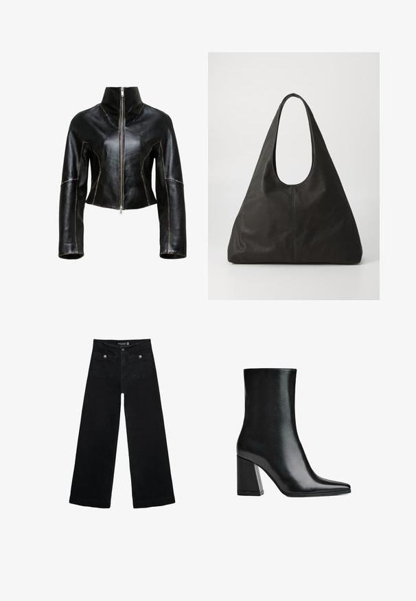 Zwarte leren cropped jas met een hoge kraag, vooraan voorzien van een ritssluiting en contrasterende beige stiksel langs de naden.; Zwarte gebreide trui met een achterkloterige halslijn, lange mouwen en geribbelde manchetten en zoom. Gemaakt van zacht, textuurrijk materiaal.; Zwarte wijdpijpjans met een hoge taille, voorzien van twee voorzakken en metalen knoopaccenten. De stof heeft een gladde textuur.; Zwarte leren enkelboot met een puntige neus en hoge blokhak. Glad oppervlak met een slanke silhouette en een solide basisontwerp.; Zwarte leren tote bag met een gebogen handvat, langwerpige driehoekige vorm en een zachte textuur. Kenmerkt zich door een minimalistisch ontwerp zonder zichtbare hardware.