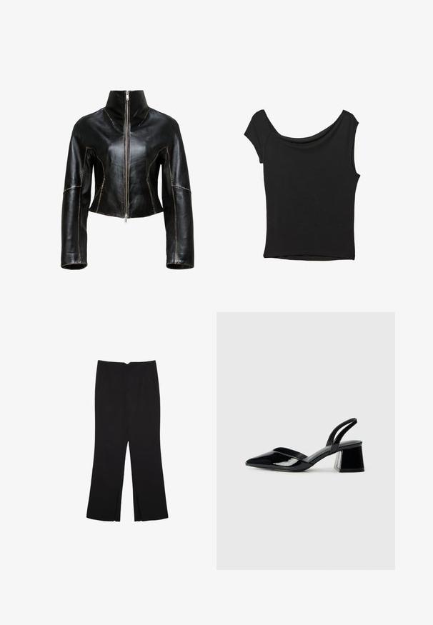 Zwarte leren cropped jas met een hoge kraag, vooraan voorzien van een ritssluiting en contrasterende beige stiksel langs de naden.; Zwart korte mouwen top gemaakt van een gladde stof; met een gedrapeerde halslijn en een asymmetrische zoom, met een getailleerd lijfje.; Zwarte broek met een rechte pasvorm, voorzien van zijzakken en plooien aan de onderzijde. Gemaakt van zachte, gladde stof. Geschikt voor verschillende gelegenheden.; Zwarte gepatineerde leren slingback hakken met een spitse neus en een geometrische blokhak. Kenmerkt zich door een slank, minimalistisch ontwerp en een gladde textuur.