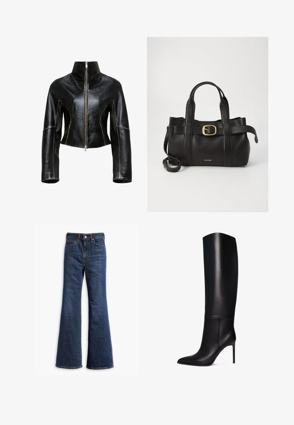 Schwarze Lederjacke in Cropped-Form mit hohem Kragen, Reißverschluss vorne und kontrastierendem beigem Nähen entlang der Nähte.; Ärmelloses, hellgrünes Oberteil aus glattem Stoff, mit hohem Kragen und taillierter Silhouette. Keine sichtbaren Beschläge oder Muster.; Hochtaillierte dunkelblaue Jeans mit ausgestellten Beinen, Vorderknopf- und Reißverschluss sowie Fünf-Taschen-Design.; Knöchelhohe schwarze Leder-Stiletto-Stiefel mit spitzem Zeh. Glatte Textur, strukturiertes Design und schmaler hoher Absatz. Keine sichtbaren Beschläge oder Muster.; Schwarze Lederhandtasche mit strukturiertem Design, doppelten oberen Griffen, goldfarbenem Schnallenakzent und geprägtem Markenlogo auf der Vorderseite.