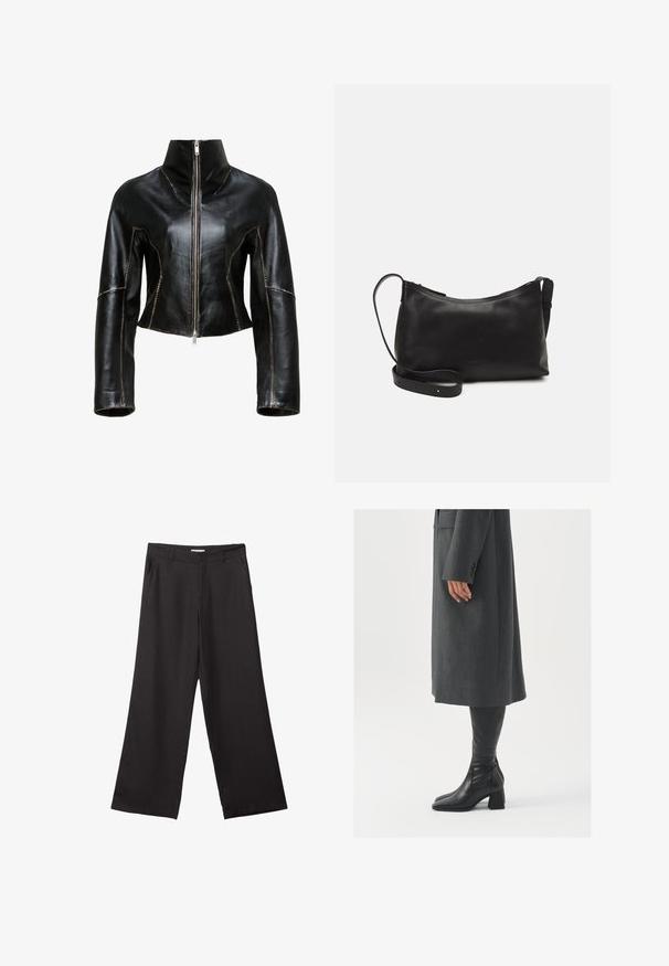 Sort læder cropped jakke med høj krave, frontlynlås og kontrasterende beige syninger langs sømmene.; Hvid langærmet t-shirt lavet af ribbet stof med rund halsudskæring og lige skæring i kanten. Enkel, ensfarvet design.; Sorte bukser med vidde, lavet af glat stof, med en frontlynlås og to sidelommer, i en skræddersyet pasform og minimalistisk design.; Grå, skræddersyet frakke med lige snit; parret med knæhøje sorte læderstøvler med firkantet tå og kraftig hæl.; Sort læder skuldertaske med en glat tekstur, buet form, justerbar rem og lynlås. Minimalistisk design uden udsmykninger.