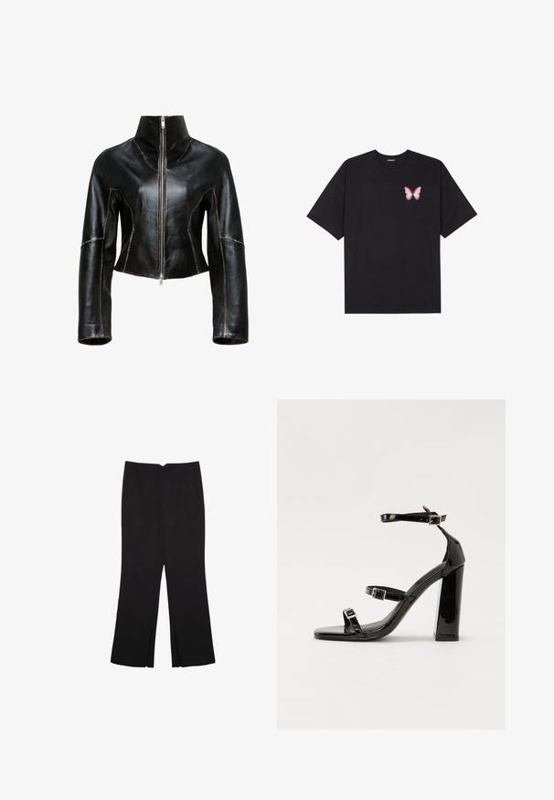 Čierna kožená skrátená bunda s vysokým golierom, predným zipsovým zapínaním a kontrastným béžovým prešívaním pozdĺž švov.; Čierne bavlnené tričko s krátkymi rukávmi, s malým ružovým motýlikom na ľavej hrudi. Design s okrúhlym výstrihom a uvoľneným strihom.; Čierne nohavice so strihom rovného strihu, s prednými vreckami a bočnými rozparkami na leme. Vyrobené z mäkkej, hladkej tkaniny. Vhodné na rôzne príležitosti.; Čierne lakované sandále na podpätku so štvorcovou špičkou, navlečenými remienkami okolo členku a striebornými prackami. Disponujú masívnym blokovým podpätkom pre stabilitu.