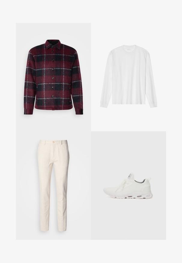Giacca a quadri rossa e nera realizzata in tessuto morbido, con chiusura a bottoni e design con colletto. Superficie texturizzata con accenti grigi.; T-shirt bianca a maniche lunghe in cotone con colletto rotondo e polsi a coste. Design semplice e senza fronzoli, con texture liscia e vestibilità standard.; Pantaloni su misura color beige chiaro realizzati in tessuto morbido. Presentano una chiusura a bottone, passanti per la cintura e un design slim e dritto con texture minima.; Scarpe atletiche bianche con tomaia in maglia testurizzata, lacci piatti e una suola ammortizzata con camere d'aria visibili per un supporto aggiuntivo.