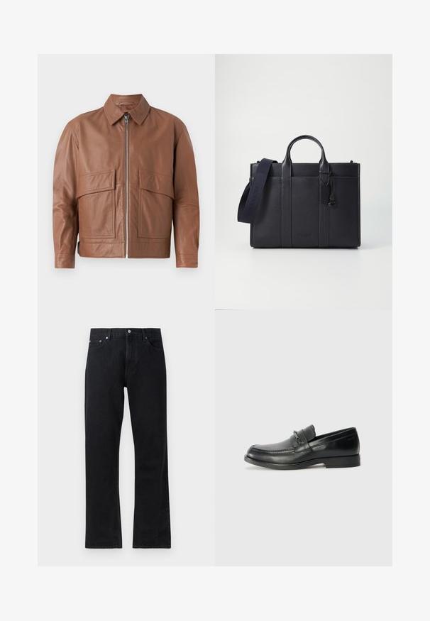 Rjava usnjena jakna s ovratnikom, sprednjim zadrgo in dvema velikima ravnima žepoma. Gladka tekstura in nekoliko kraješa zasnova.; Bež pulover z V-izrezom, izdelan iz mehke tkanine, ima dolge rokave, rebraste manšete in majhno logo na prsih.; Črni traper hlače s ravnim krojem, z gumbom za zapiranje, petimi žepi in subtilnimi šivi.; Črne usnjene loafers čevlje z zaobljenim nosom, ki imajo šivano zasnovo, majhen sprednji trak z kovinskim okrasjem in ravno gumijasto podplati.; Temno mornarsko usnjeno aktovko z dvema zgoraj ročaji in odstranljivim trakom. Ima teksturirano površino, navpične šive in podrobnost z logotipom.