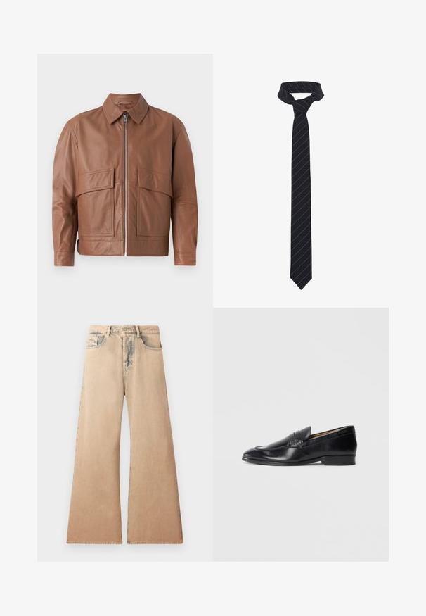 Jaqueta de couro castanha com colarinho, fecho frontal e dois grandes bolsos planos. Textura suave e design ligeiramente encurtado.; Camisa de manga longa branca feita de tecido texturizado, com colarinho clássico, fecho com botões à frente e bainha reta, com um ajuste descontraído.; Jeans bege de perna larga com textura desbotada, design de cinco bolsos e detalhes de costura ao longo das costuras. A cintura tem um fecho tradicional de botão.; Sapato de couro preto tipo mocassim com um acabamento liso, bico pontudo e detalhes de costura subtis. Apresenta um salto baixo e um logotipo embutido na lateral.; Gravata preta com riscas diagonais azuis, feita de um tecido suave. Apresenta uma ponta afilada e um laço apertado no topo.