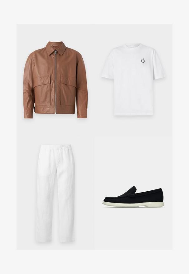 Smeđa kožna jakna s ovratnikom, prednjim patentnim zatvaračem i dva velika ravna džepa. Glatka tekstura i blago skraćeni dizajn.; Bijela pamučna majica s opuštenim krojem, s malim crnim grafičkim logotipom na lijevoj prečki. Kratki rukavi, okrugli izrez.; Bijele lanene hlače s elastičnim pojasom, ravnim krojem i mekanom teksturom bez vidljivih uzoraka ili metalnih detalja.; Crna cipelica bez vezica s zaobljenim vrhom, s teksturiranim gornjim dijelom, glatkim bijelim đonom i suptilnim detaljem brendiranja sa strane.