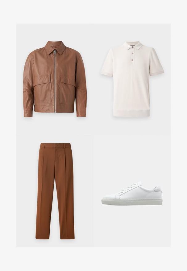 Brun læderjakke med krave, frontlynlås og to store flade lommer. Glat tekstur og let cropped design.; Kortærmet polo-shirt i lys beige, tekstureret materiale med krave og tre knaplukninger; ribbede detaljer ved ærmer og kant.; Brune bukser med en glat, mat tekstur, der har en folder foran og lige ben. Lavet af letvægts, åndbart stof.; Hvide sneakers med en glat læderoverdel og lav profil. Har en rund tå, seks snørehuller og en tekstureret gummisål.