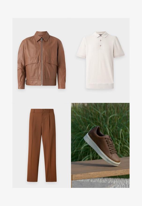Pruun nahkjakker, millel on krae, esine tõmblukk ja kaks suurt lamedat taskut. Sile tekstuur ja veidi lühem disain.; Lühirooriga polo särk heledas beežis, tekstuurse materjaliga, krae ja kolme nööbiga kinnitusega; soonikkoes detailid varrukatel ja allservas.; Pruunid püksid, millel on sile, matt tekstuur, fliisitud esiosa ja sirged sääred. Valmistatud kergest, hingavast kangast.; Pruun nahast tenniseking valge kummist tallaga, ümar varvas ja pruunid laced. Talla tekstuuriline haardepind ja ülemise sile pind.
